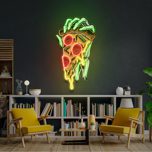 Pop Art Hand With A Slice Of Pizza Artwork Led Neon Sign Light - Neonbir