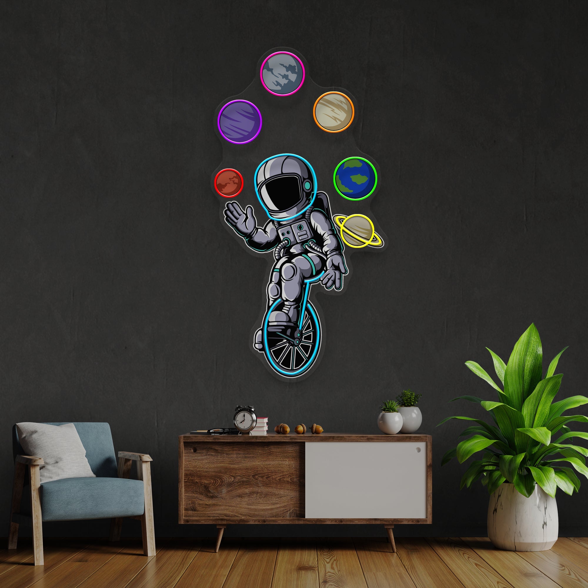 Astronaut Juggling Circus Galaxy Planets Artwork Led Neon Sign Light - Neonbir