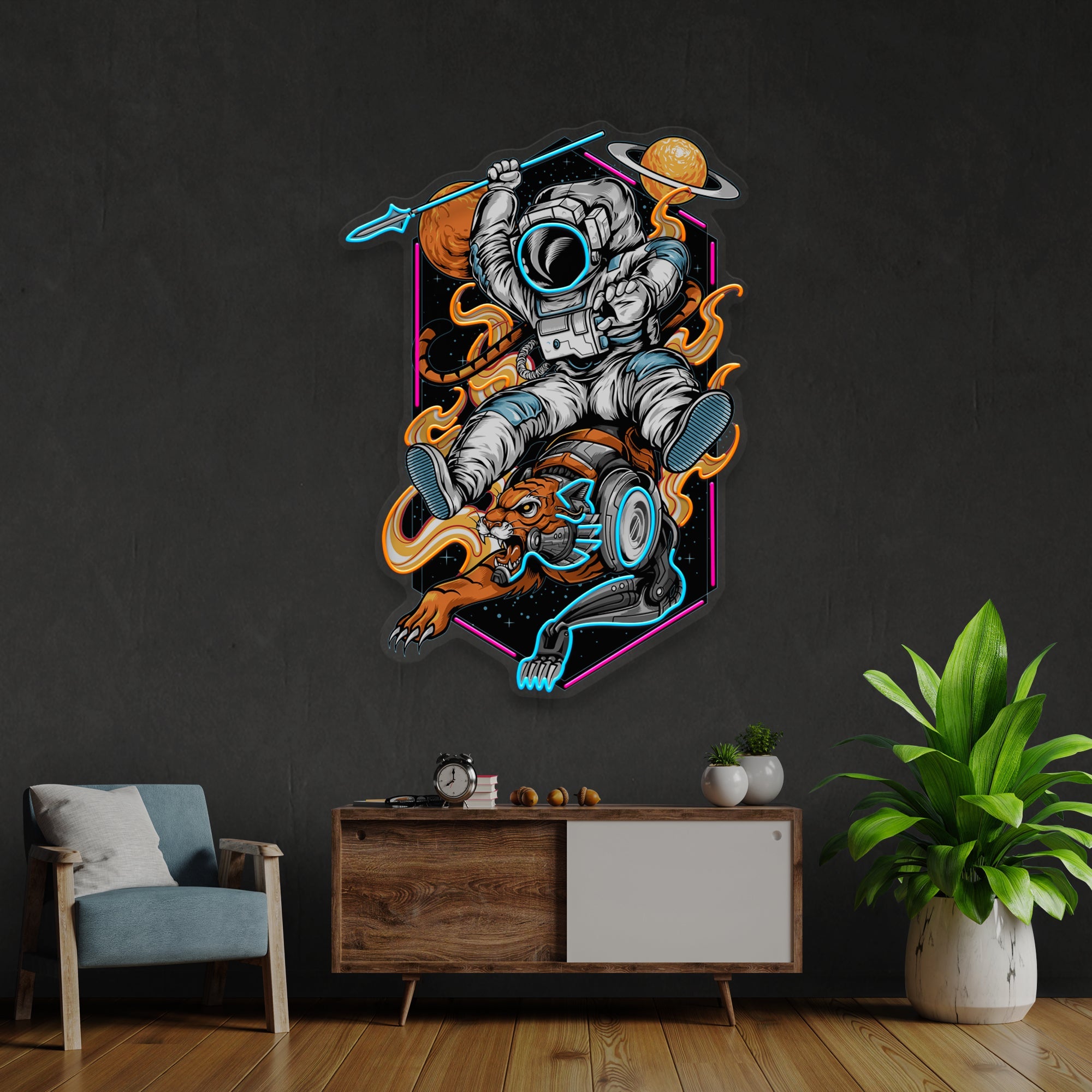 Astronaut Riding Outer Space Tiger Artwork Led Neon Sign Light - Neonbir