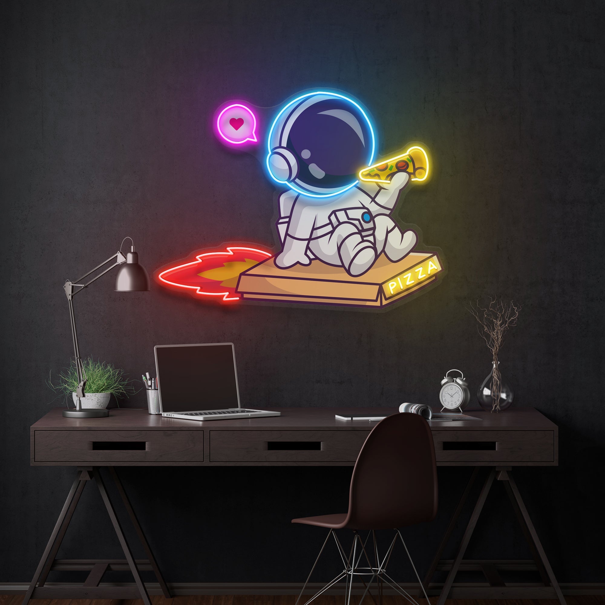 Cute Astronaut Riding Pizza Box Rocket And Eating Pizza Artwork Led Neon Sign Light - Neonbir