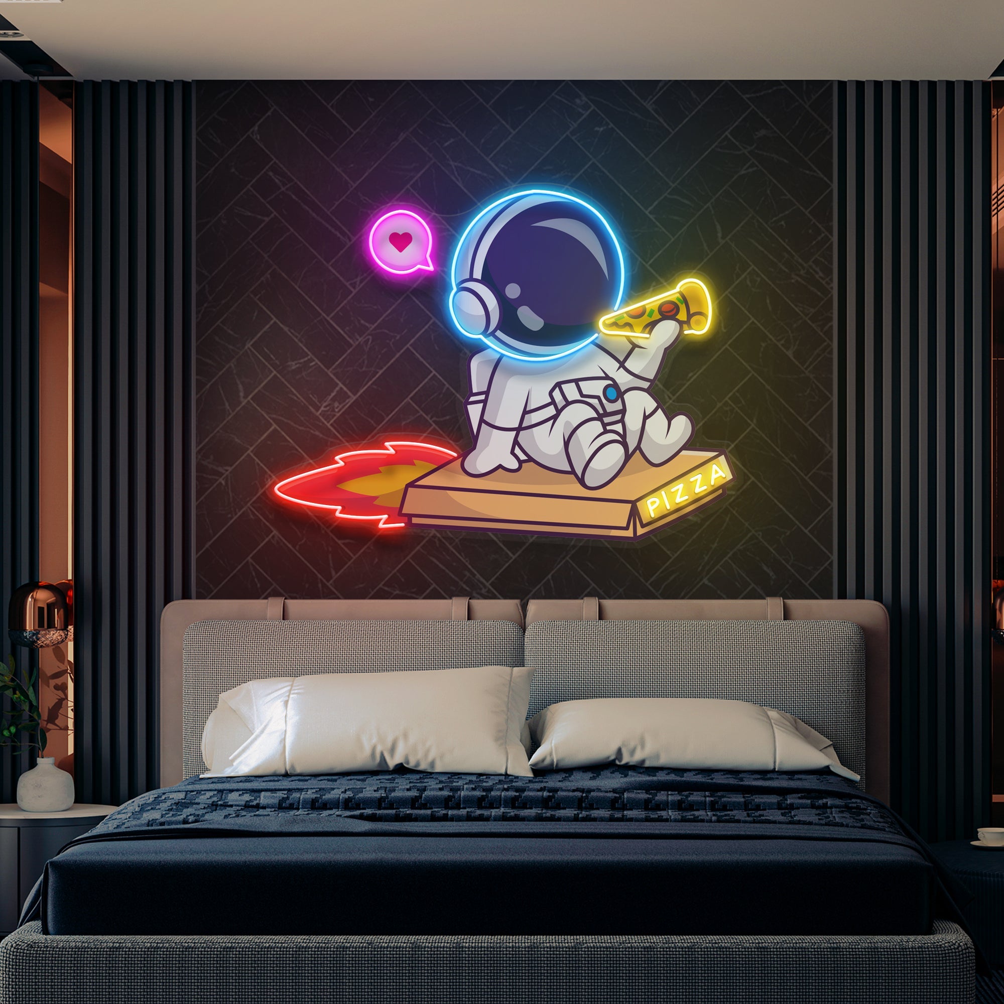 Cute Astronaut Riding Pizza Box Rocket And Eating Pizza Artwork Led Neon Sign Light - Neonbir