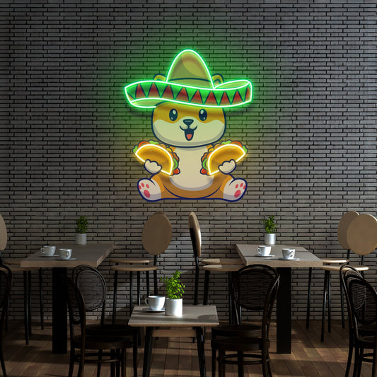 Cute Dog Eating Tacos With Sombreno Hat Artwork Led Neon Sign Light - Neonbir