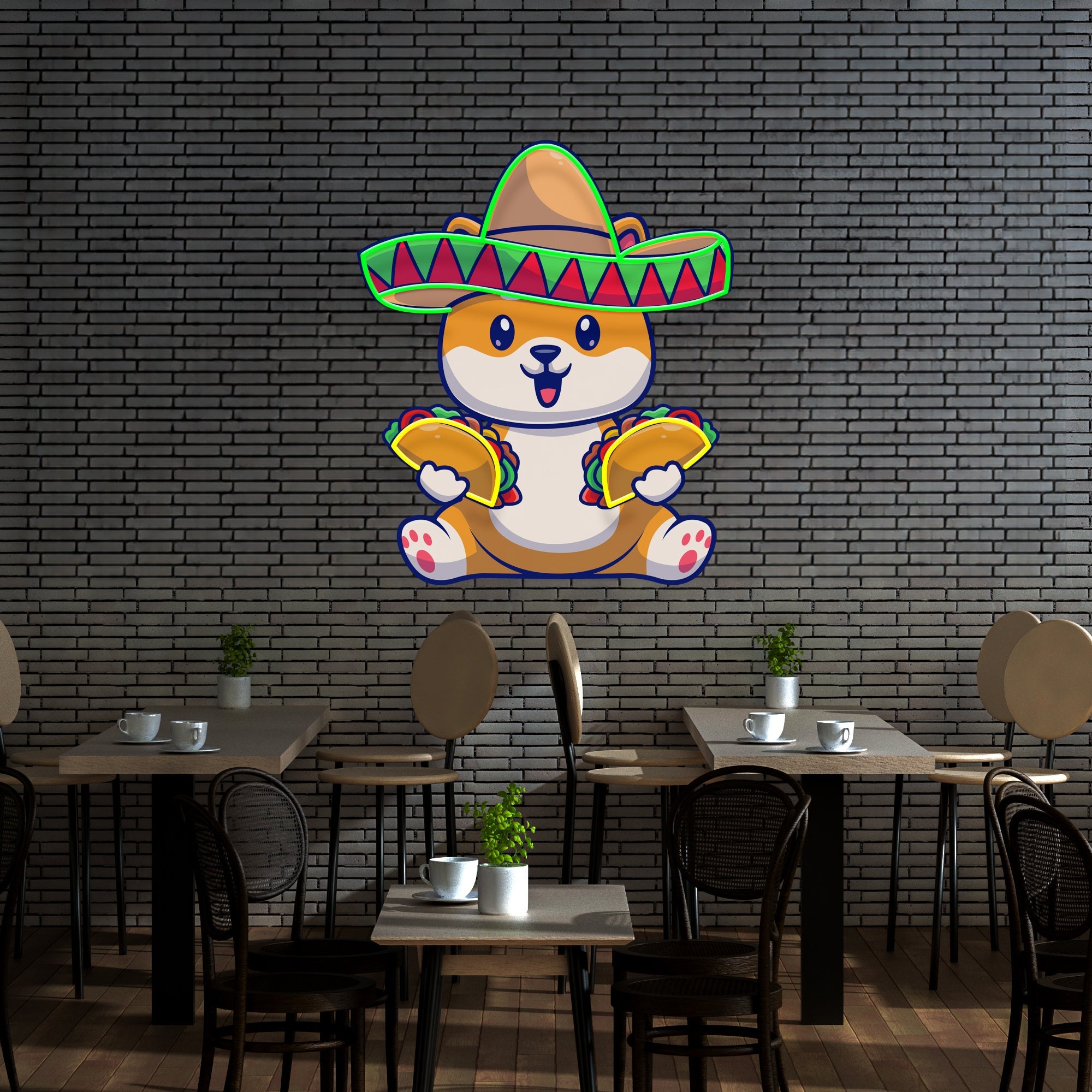 Cute Dog Eating Tacos With Sombreno Hat Artwork Led Neon Sign Light - Neonbir