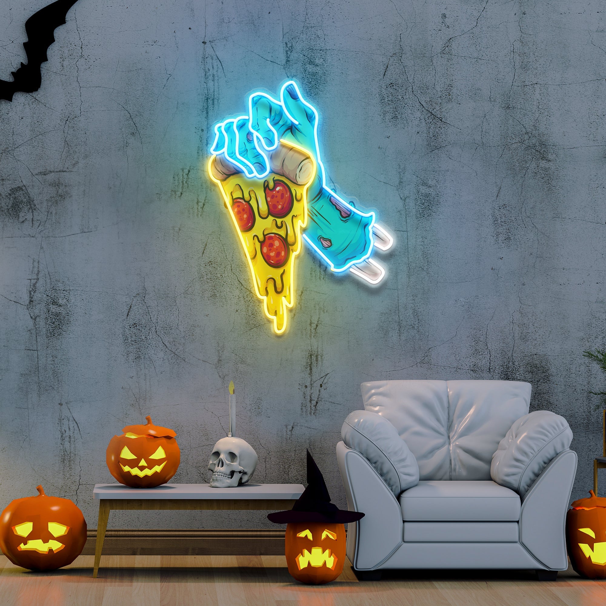 Hand Skull Pizza Artwork Led Neon Sign Light - Neonbir