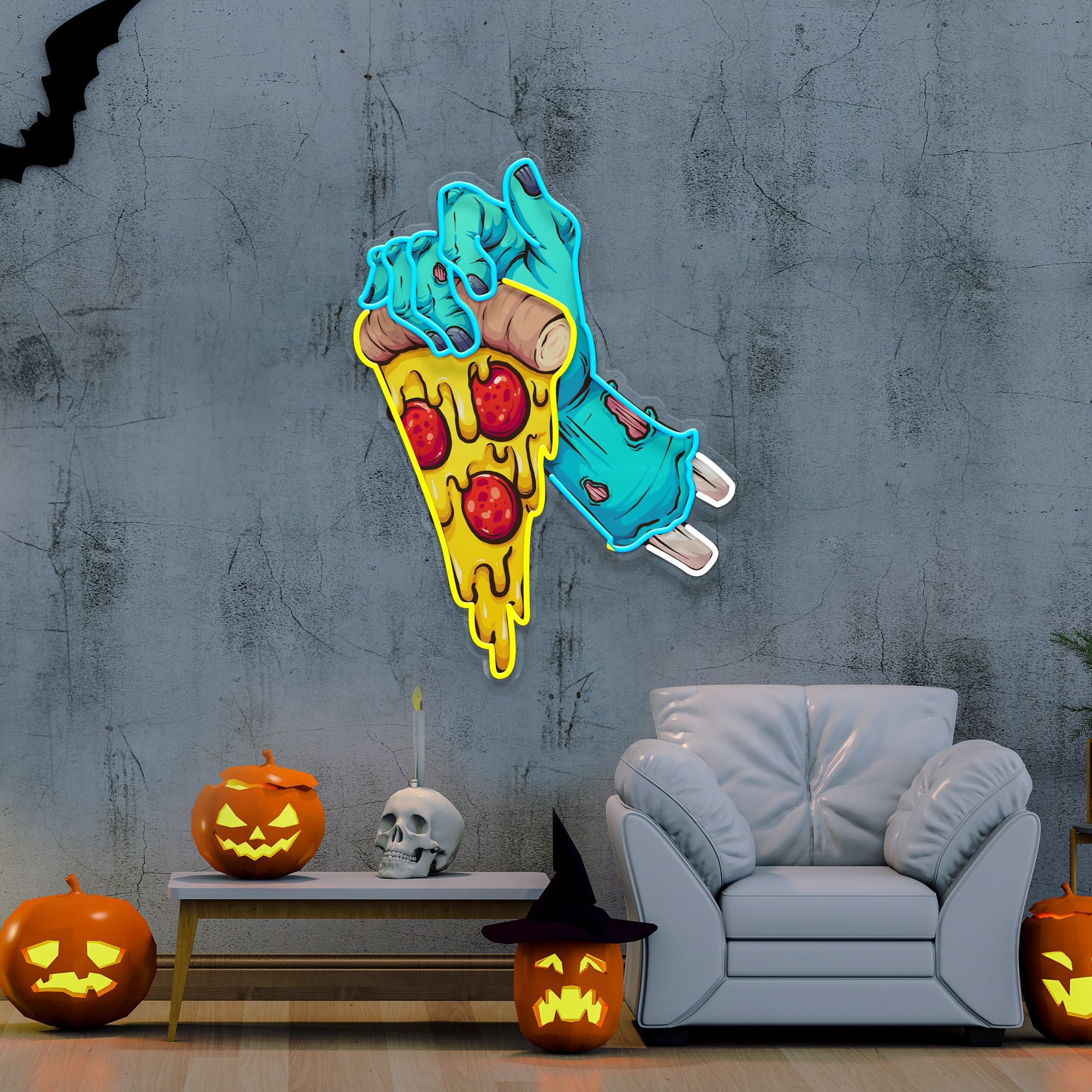 Hand Skull Pizza Artwork Led Neon Sign Light - Neonbir