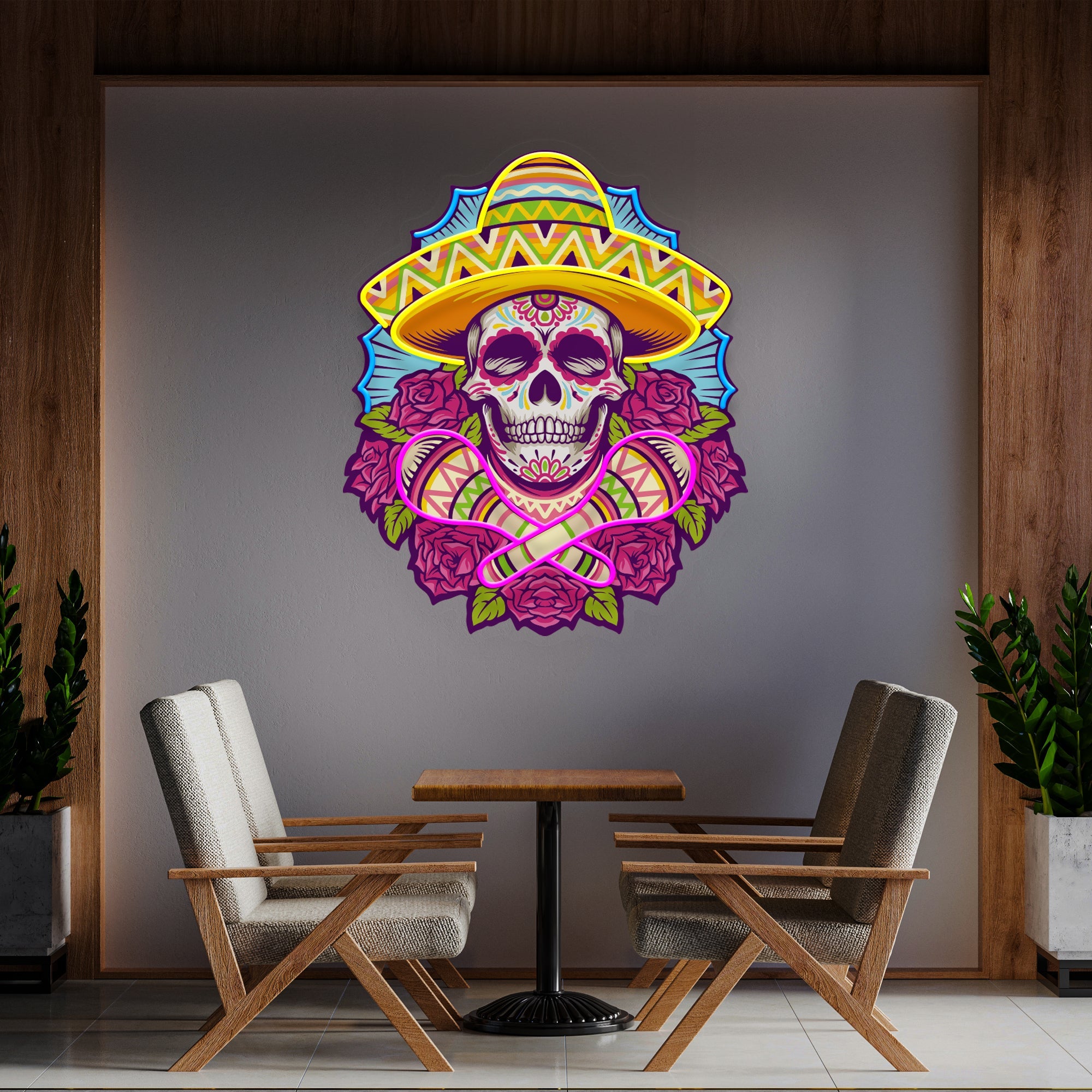 Mexican Dia De Los Muertos Skull Artwork Led Neon Sign Light - Neonbir