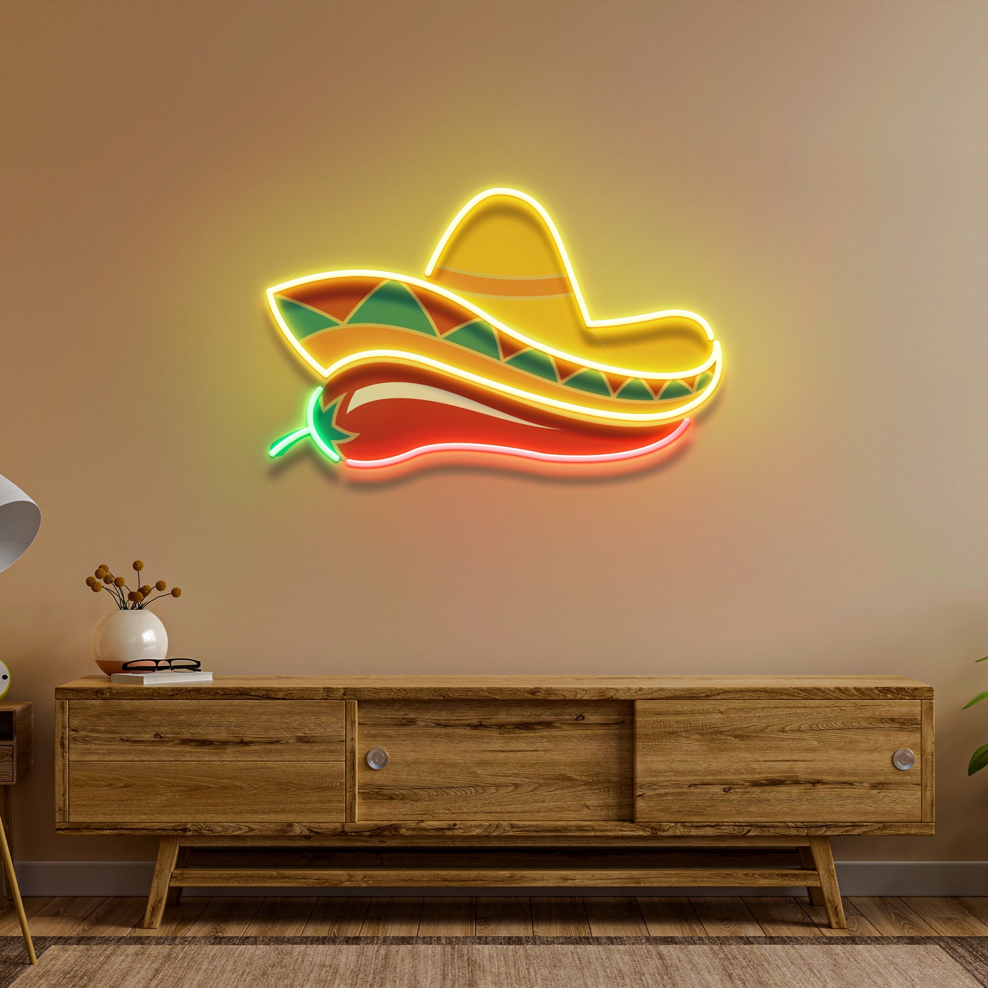 Mexican Sombrero Hat with Chili for Restaurant Artwork Led Neon Sign Light - Neonbir