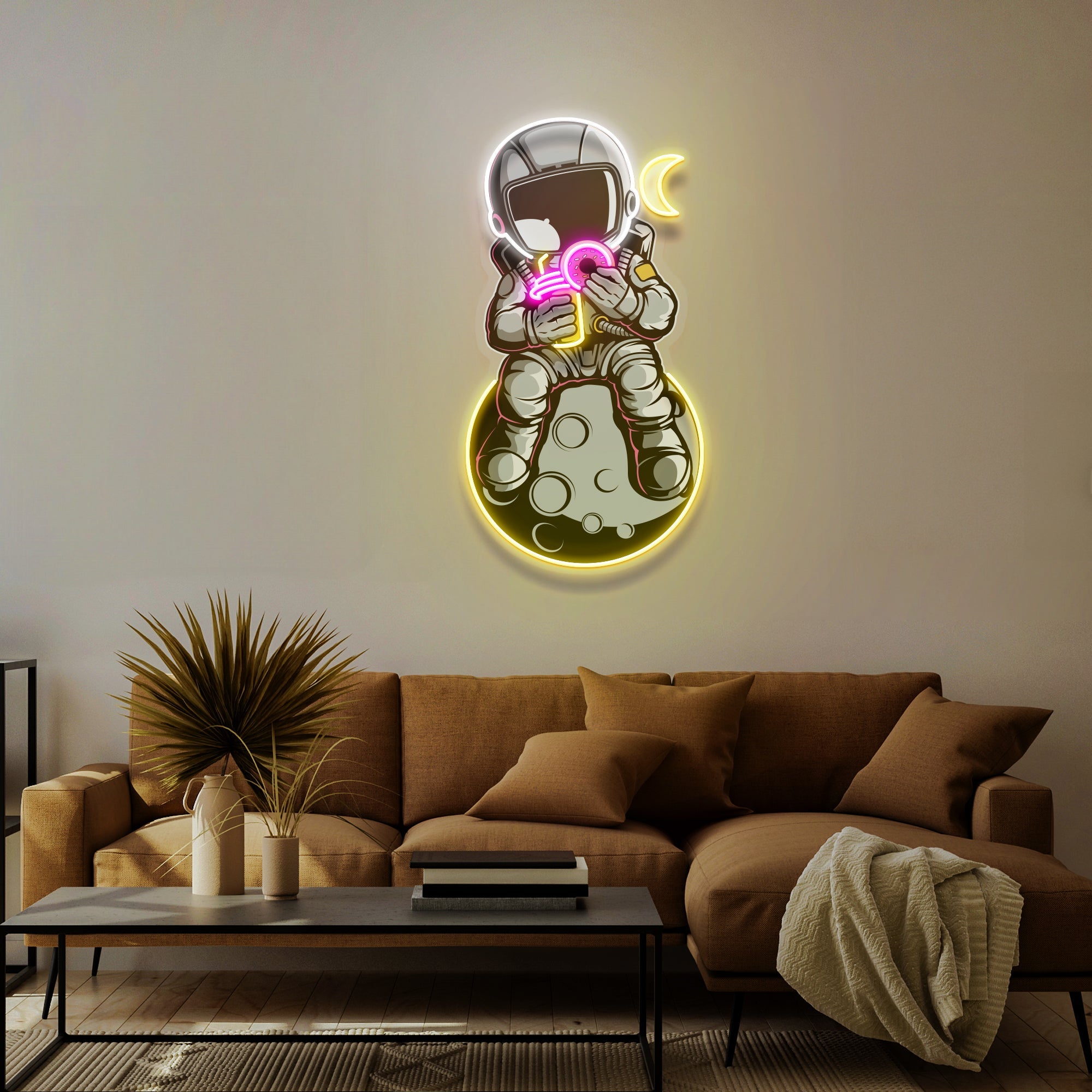 Astronaut With Donut And Coffee On Moon Artwork Led Neon Sign Light - Neonbir