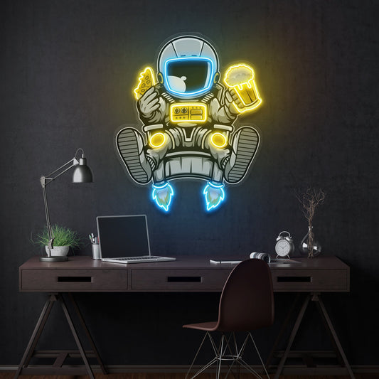 Astronaut Relax With Pizza And Beer Artwork Led Neon Sign Light - Neonbir