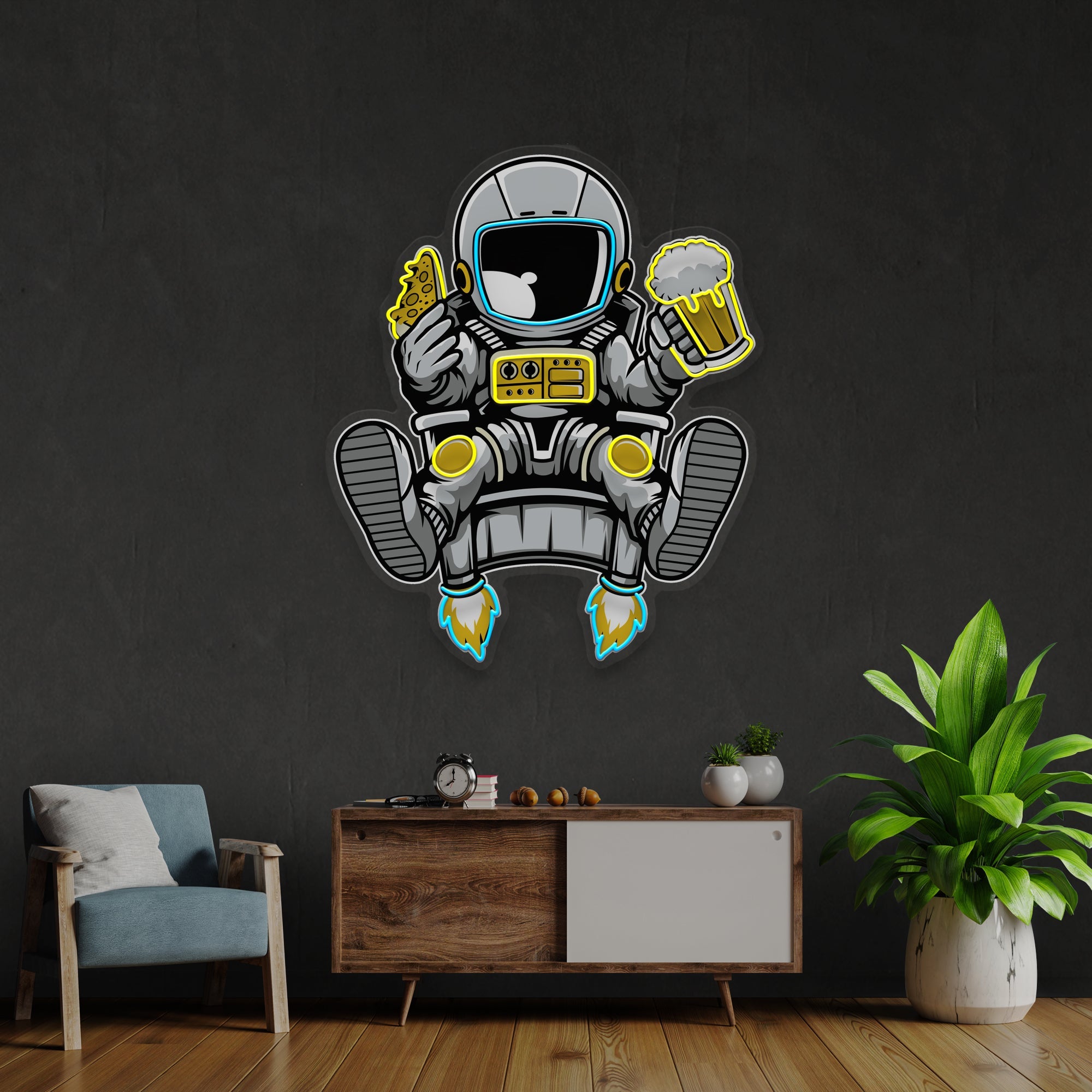 Astronaut Relax With Pizza And Beer Artwork Led Neon Sign Light - Neonbir
