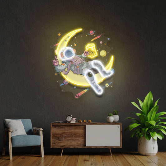 Astronaut With Beer On Moon Artwork Led Neon Sign Light - Neonbir