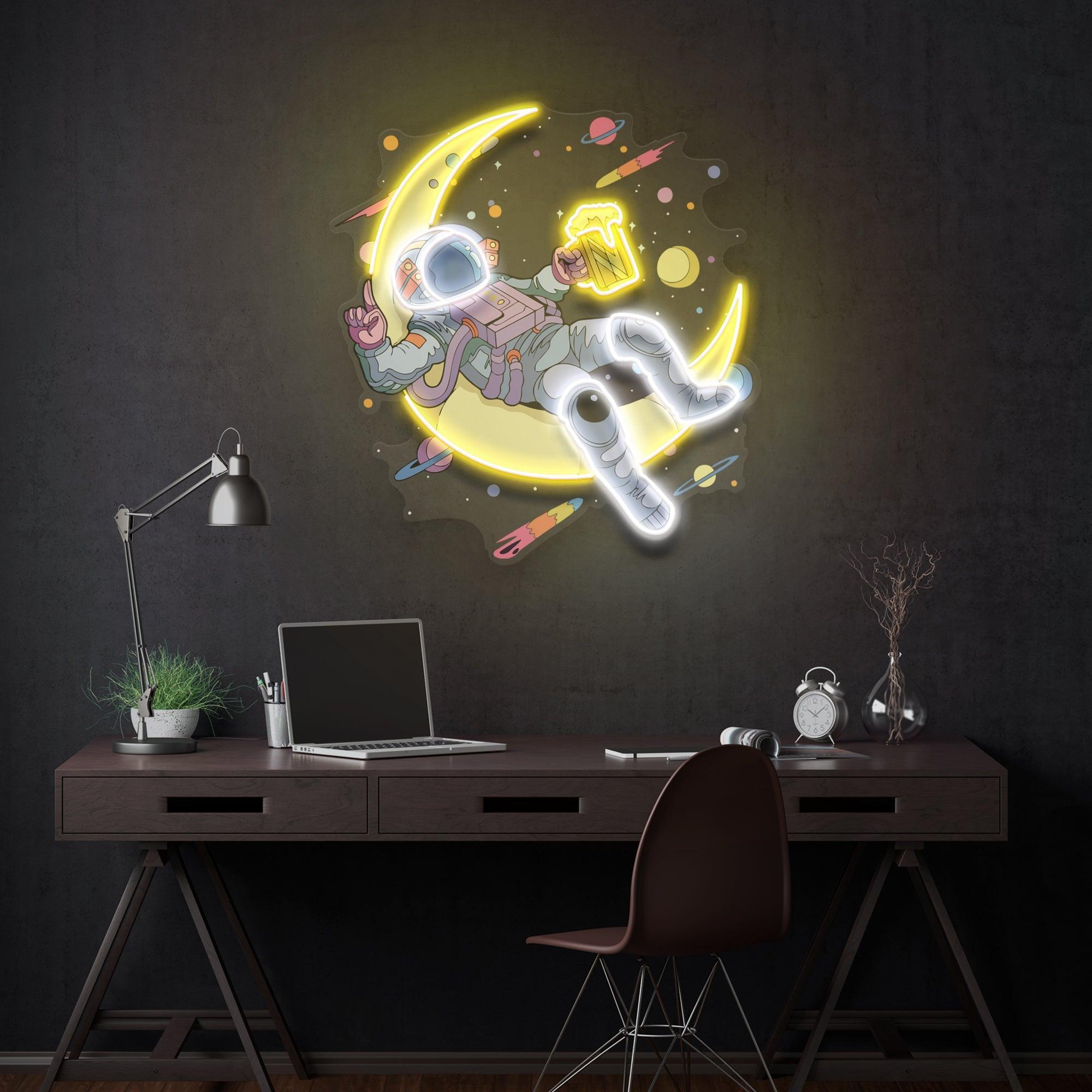 Astronaut With Beer On Moon Artwork Led Neon Sign Light - Neonbir