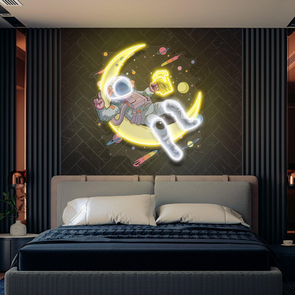 Astronaut With Beer On Moon Artwork Led Neon Sign Light - Neonbir