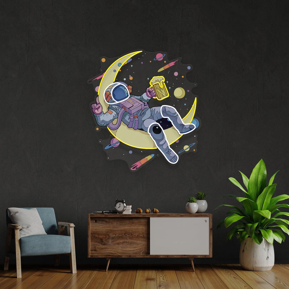 Astronaut With Beer On Moon Artwork Led Neon Sign Light - Neonbir