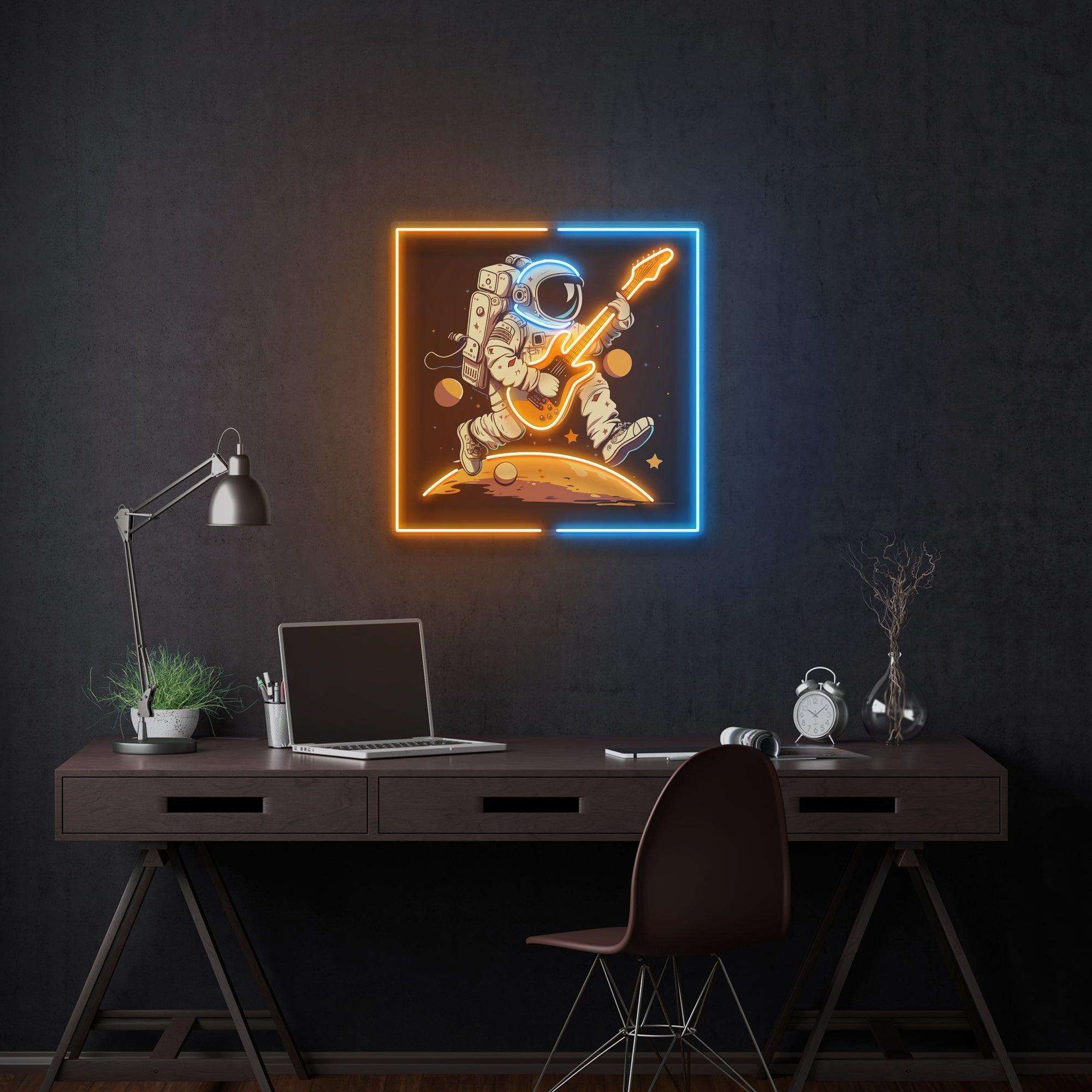 Astronaut Playing Guitar On Moon Artwork Led Neon Sign Light - Neonbir