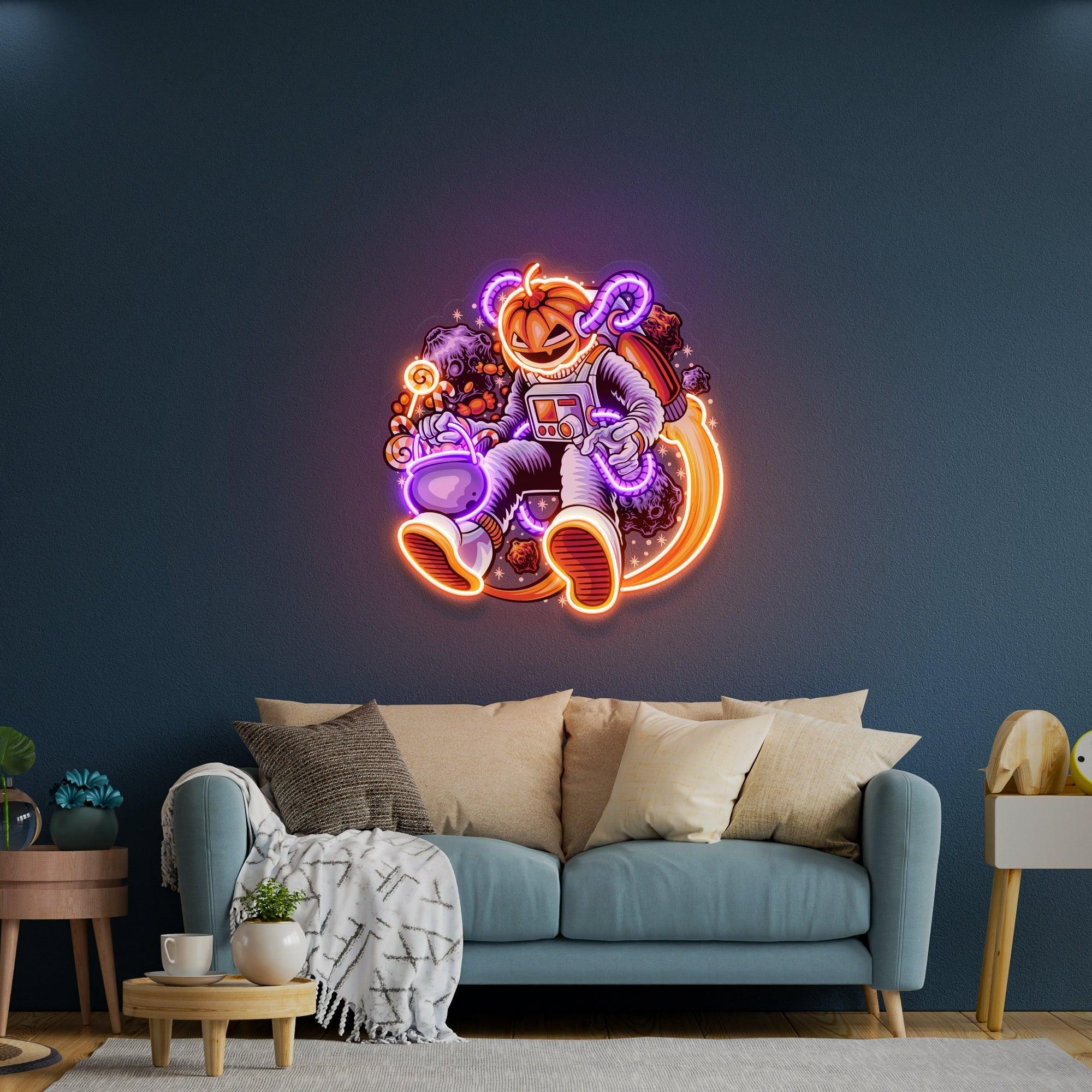 Astronaut Halloween Pumpkin Artwork Led Neon Sign Light - Neonbir