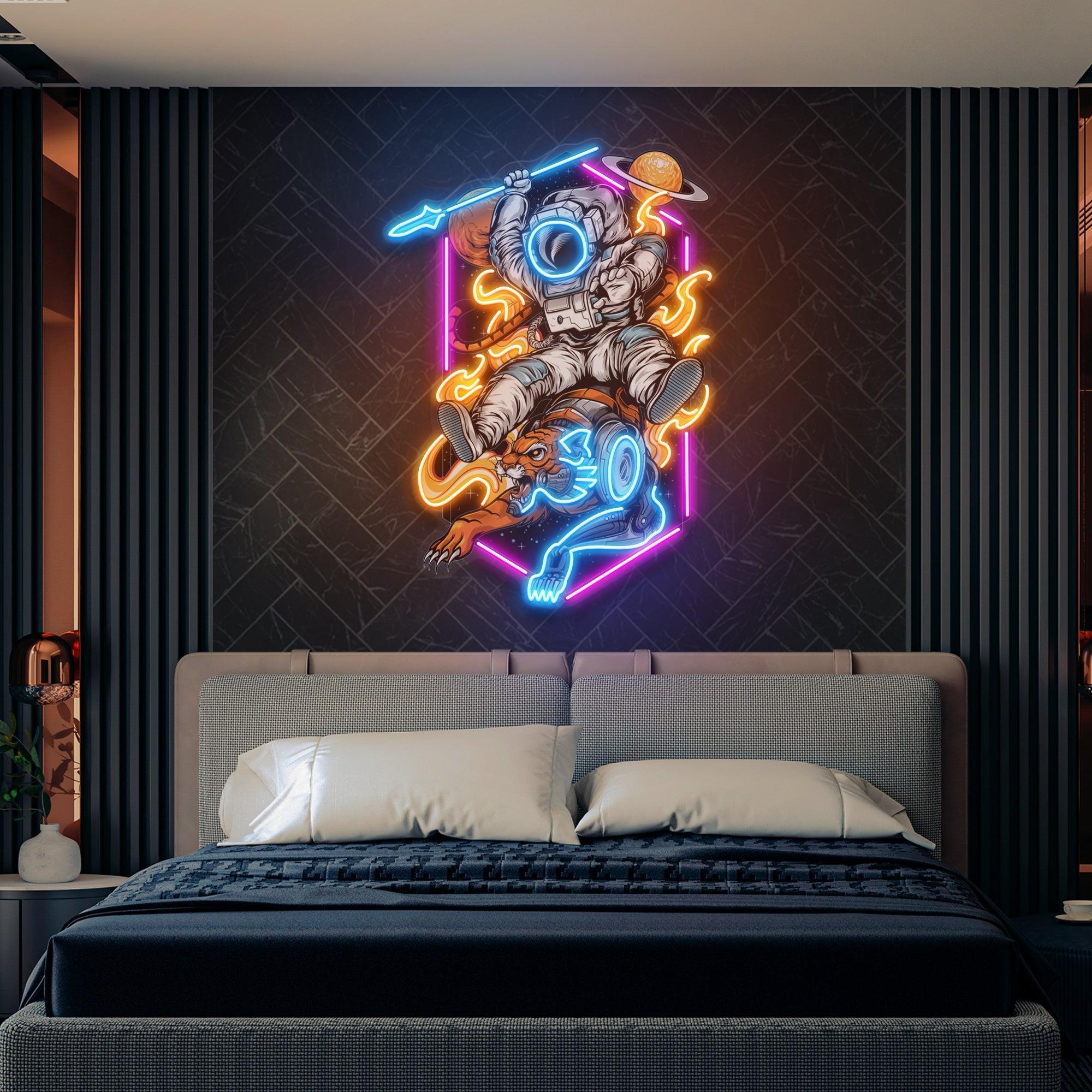 Astronaut Riding Outer Space Tiger Artwork Led Neon Sign Light - Neonbir