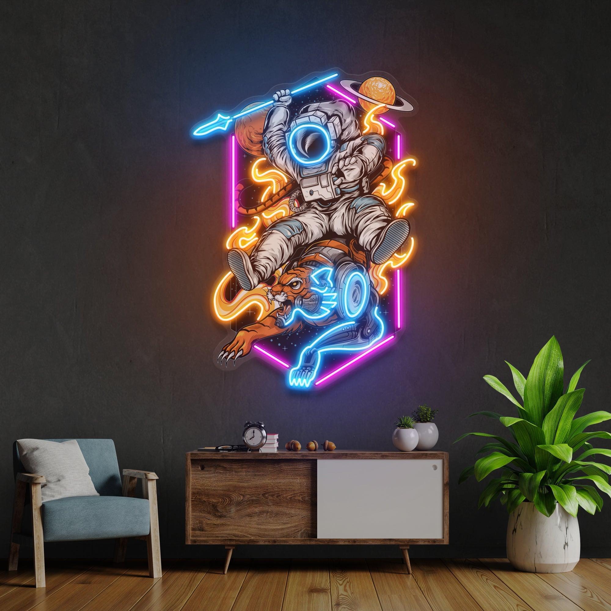 Astronaut Riding Outer Space Tiger Artwork Led Neon Sign Light - Neonbir