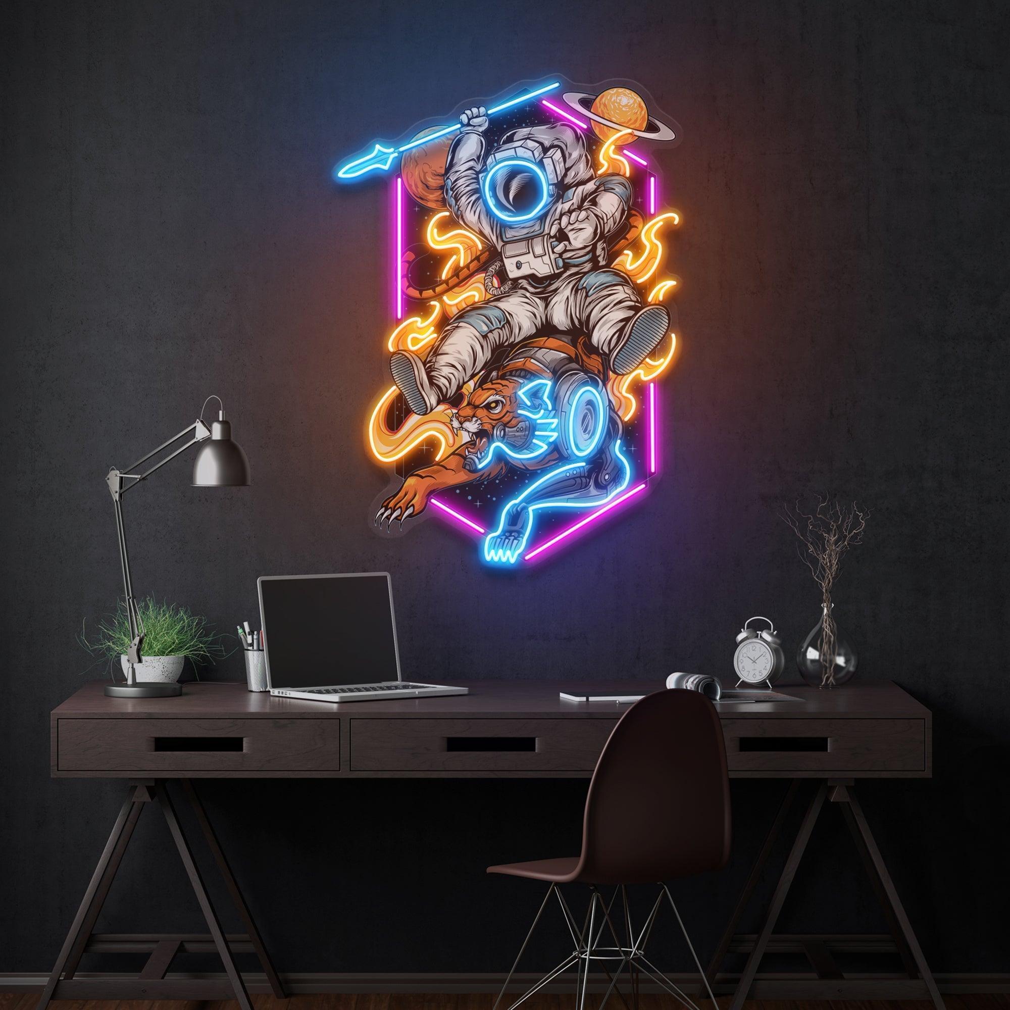 Astronaut Riding Outer Space Tiger Artwork Led Neon Sign Light - Neonbir