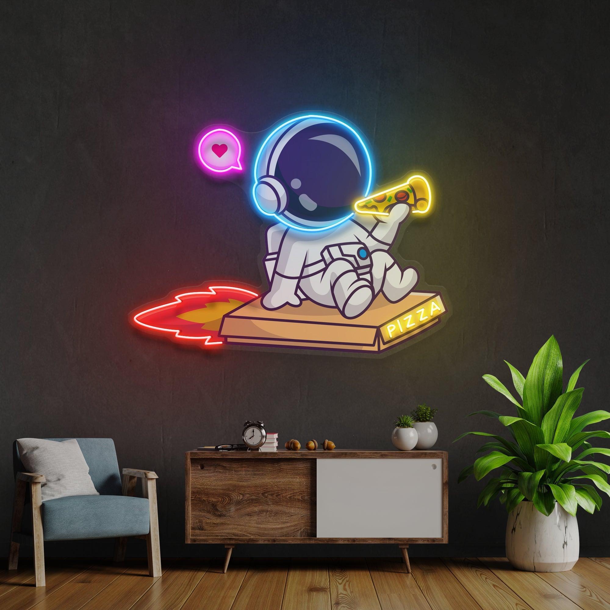 Cute Astronaut Riding Pizza Box Rocket And Eating Pizza Artwork Led Neon Sign Light - Neonbir