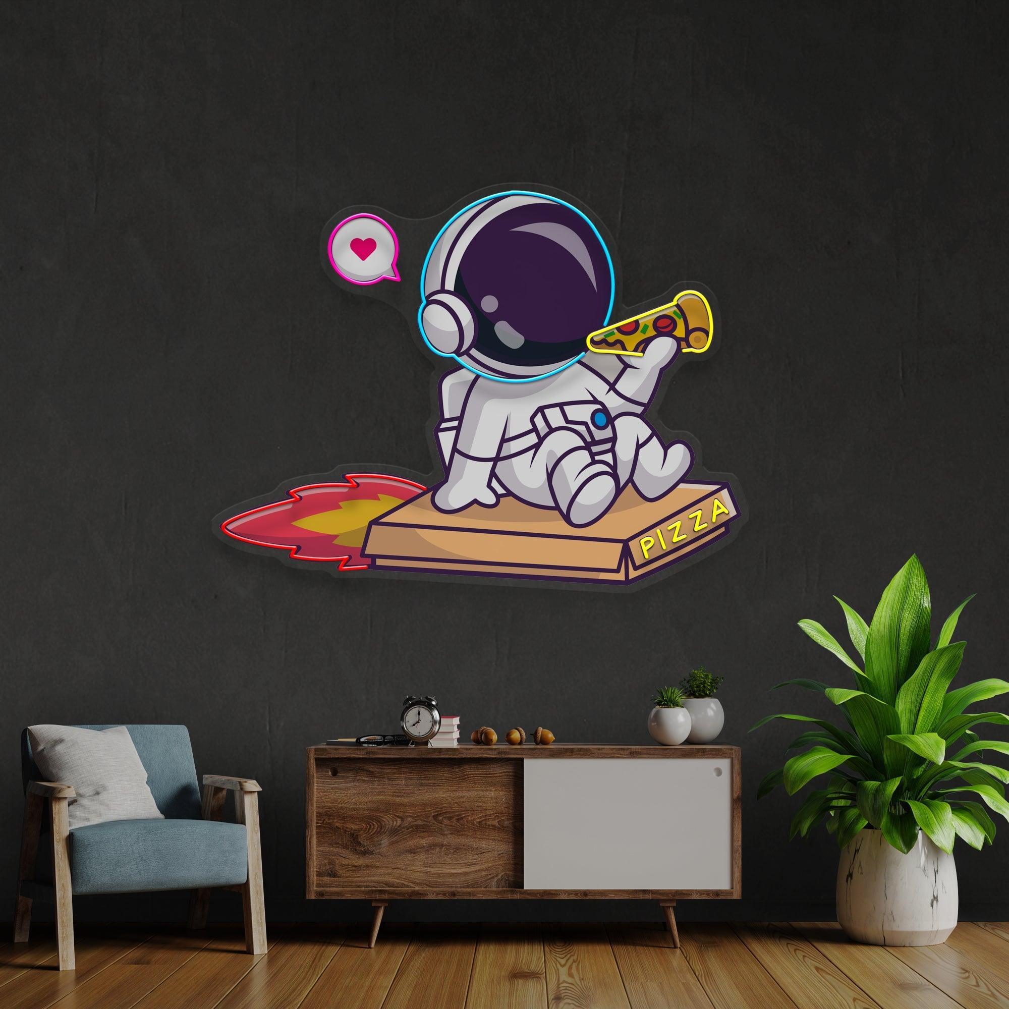 Cute Astronaut Riding Pizza Box Rocket And Eating Pizza Artwork Led Neon Sign Light - Neonbir