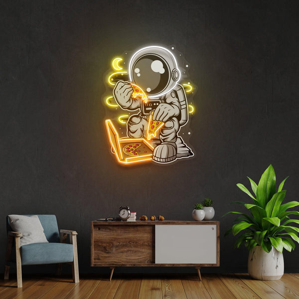 Astronot Pizza Karikatür Baskılı - Neon Tabela