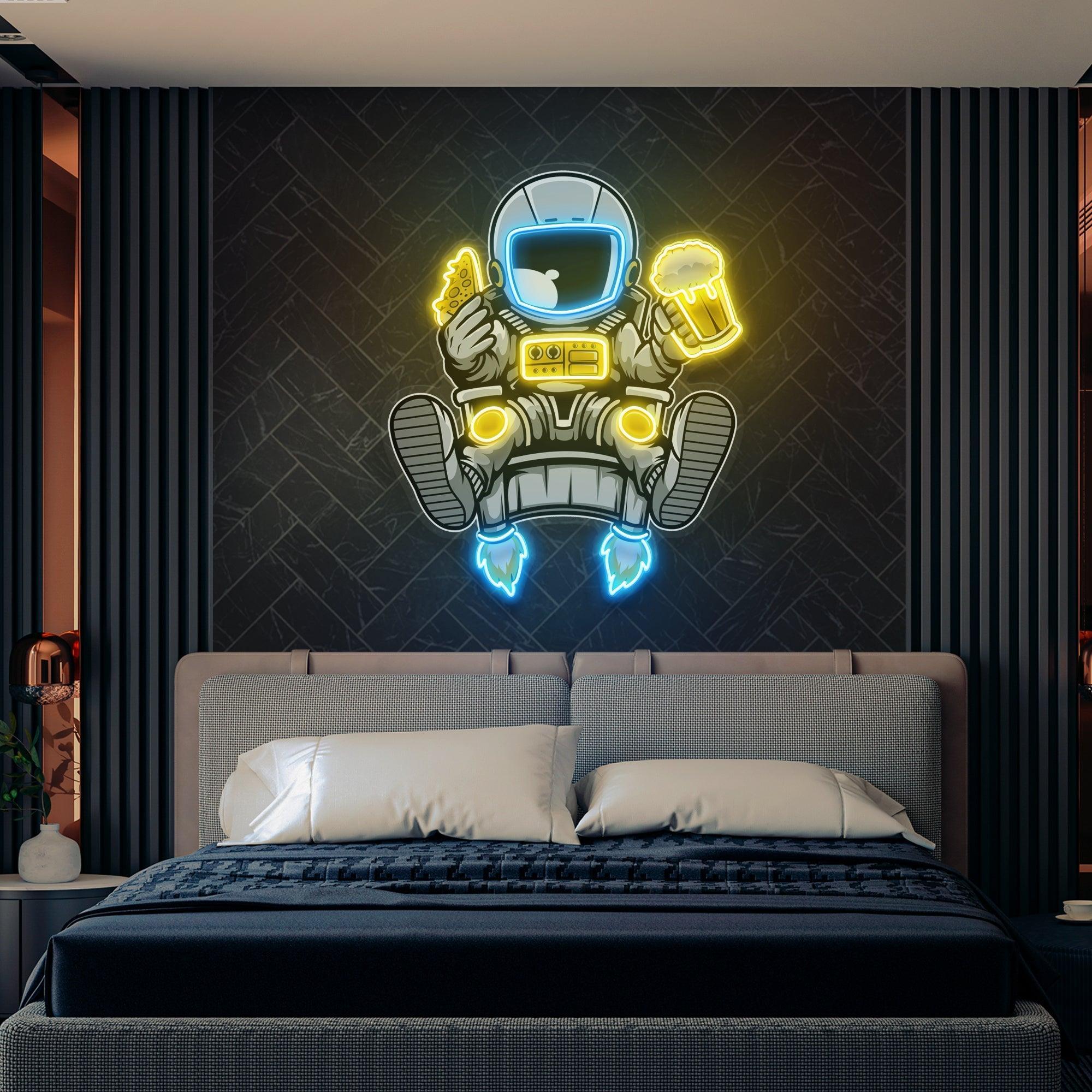 Astronaut Relax With Pizza And Beer Artwork Led Neon Sign Light - Neonbir