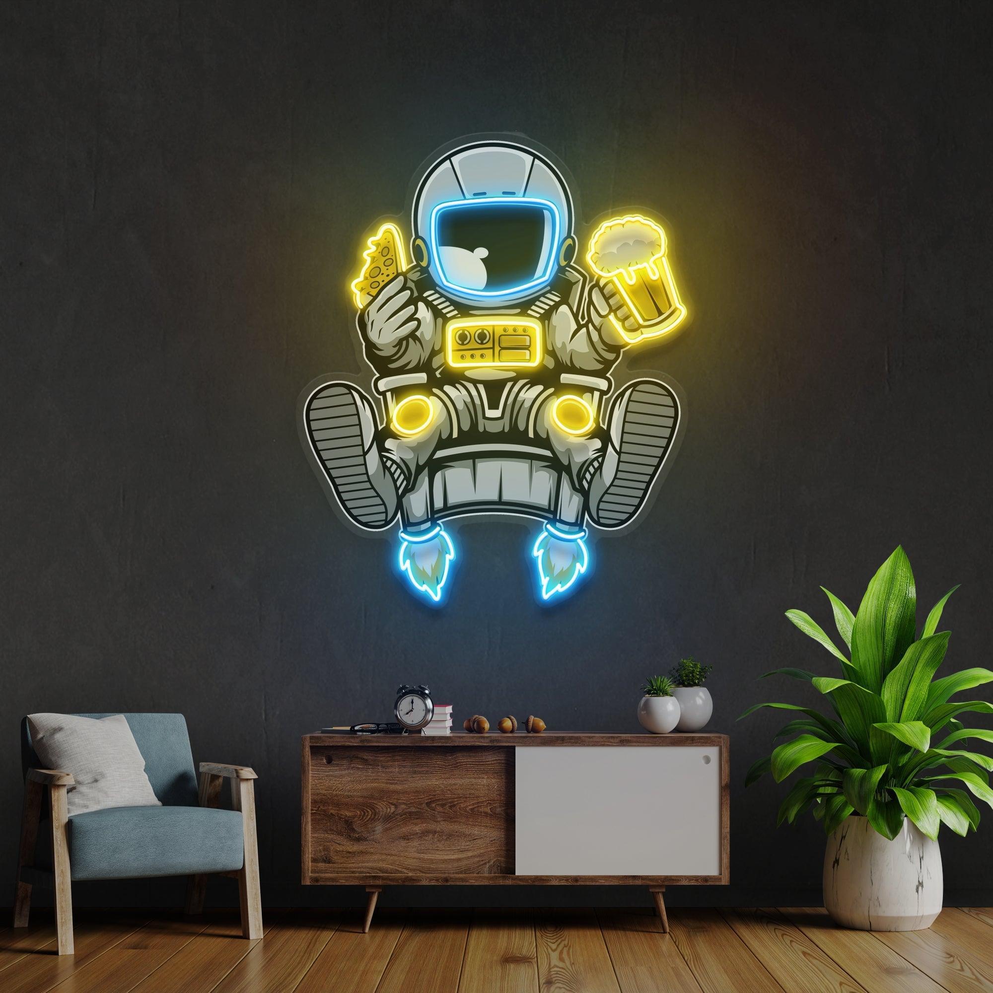 Astronaut Relax With Pizza And Beer Artwork Led Neon Sign Light - Neonbir