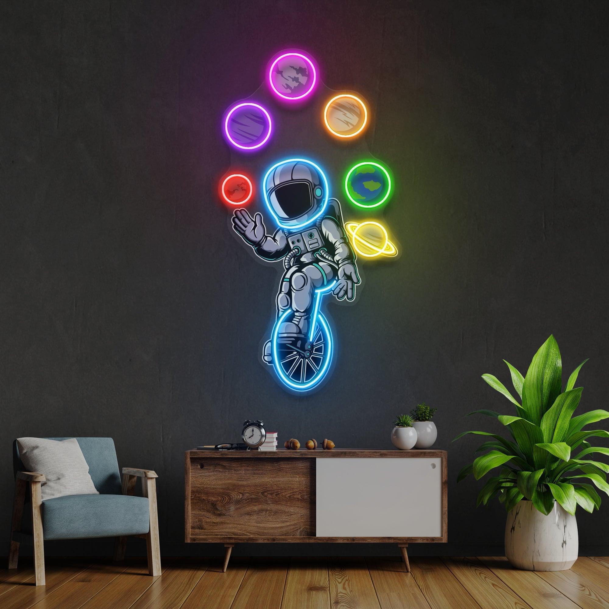 Astronaut Juggling Circus Galaxy Planets Artwork Led Neon Sign Light - Neonbir