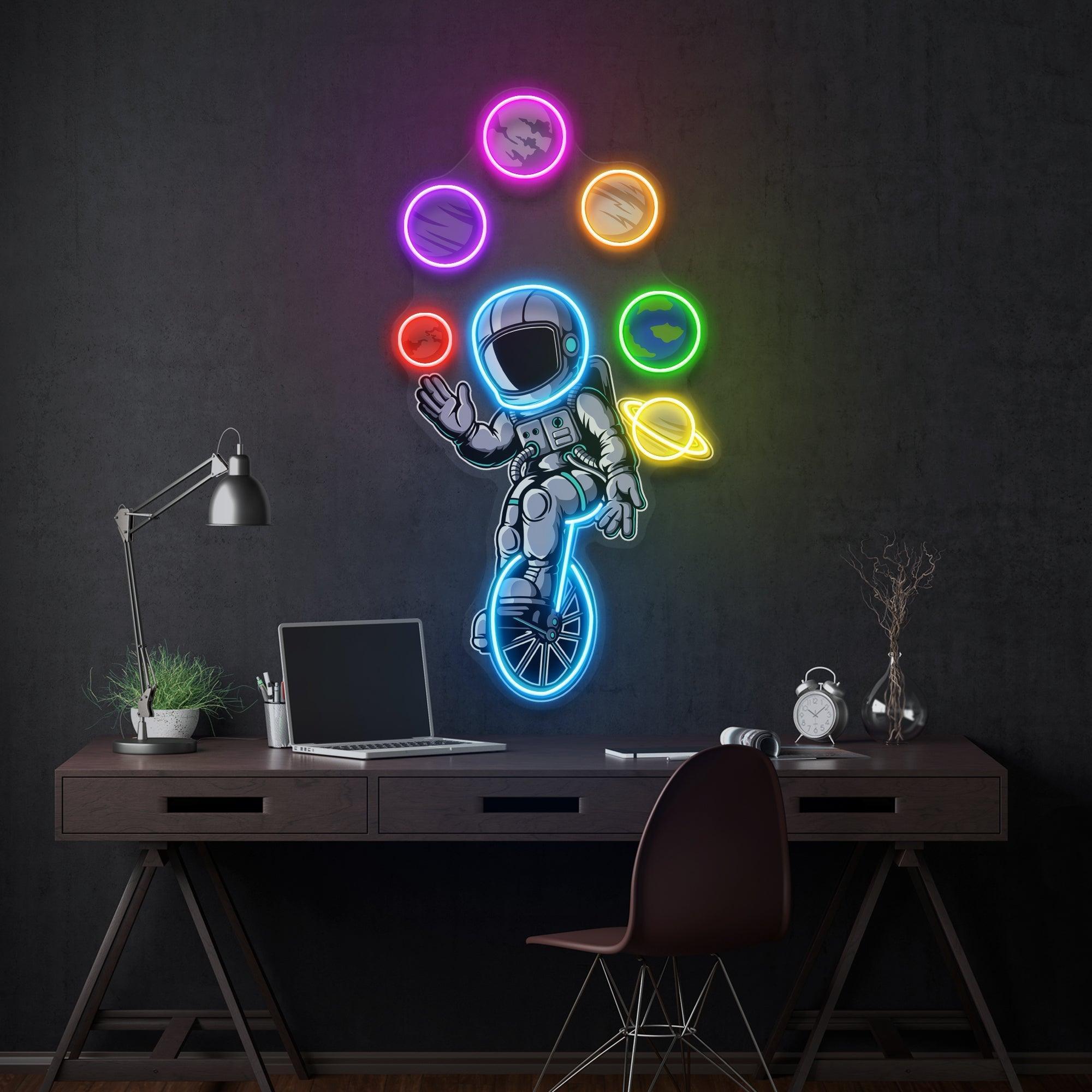 Astronaut Juggling Circus Galaxy Planets Artwork Led Neon Sign Light - Neonbir