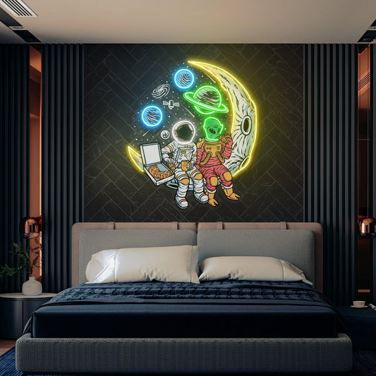 Astronaut And Alien Chill Together Pop Art Led Neon Sign Light - Neonbir