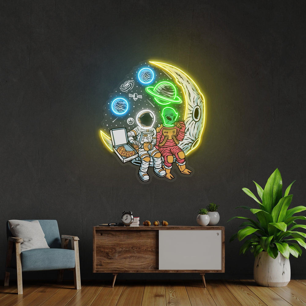 Astronaut And Alien Chill Together Pop Art Led Neon Sign Light - Neonbir