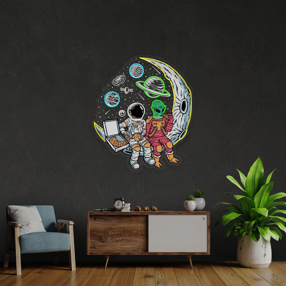 Astronaut And Alien Chill Together Pop Art Led Neon Sign Light - Neonbir