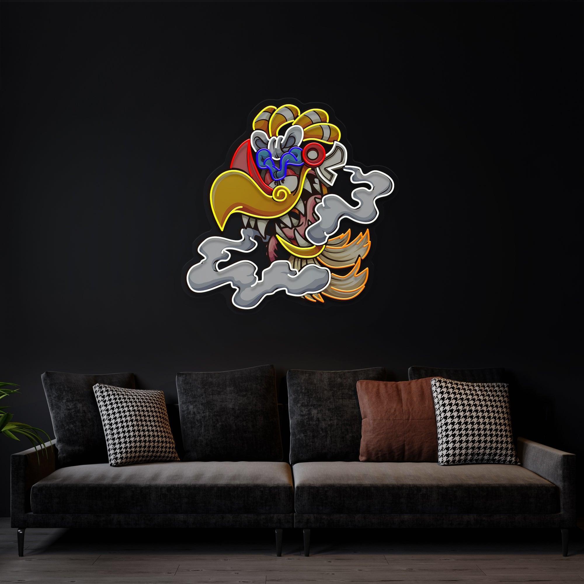 Aztec God Ehecatl Head Cartoon Artwork Led Neon Sign Light - Neonbir