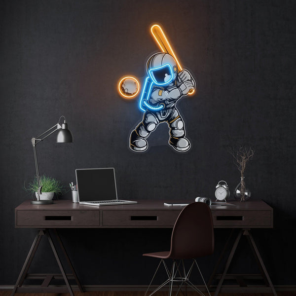 Beyzbol Oynayan Astronot Baskılı - Neon Tabela
