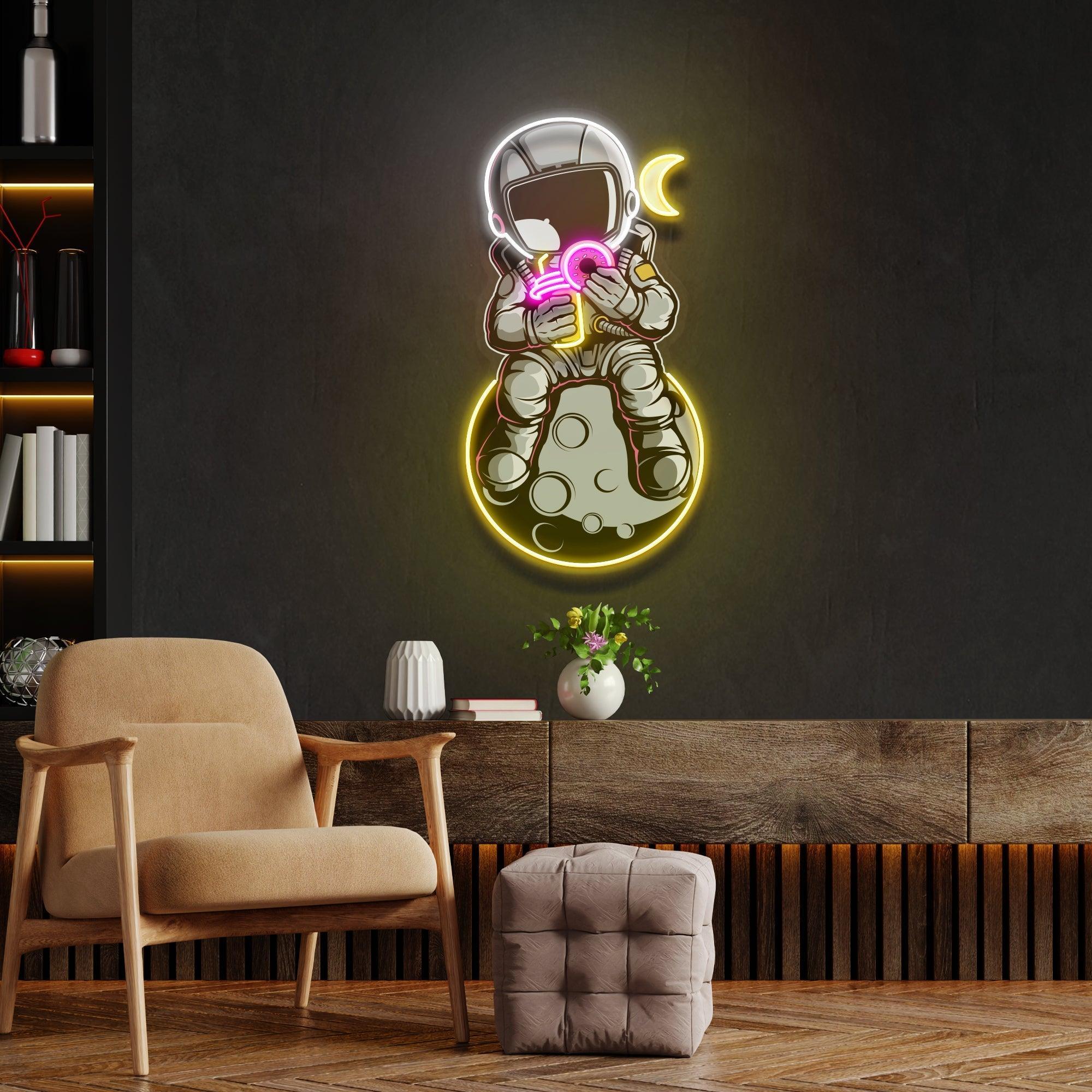 Astronaut With Donut And Coffee On Moon Artwork Led Neon Sign Light - Neonbir
