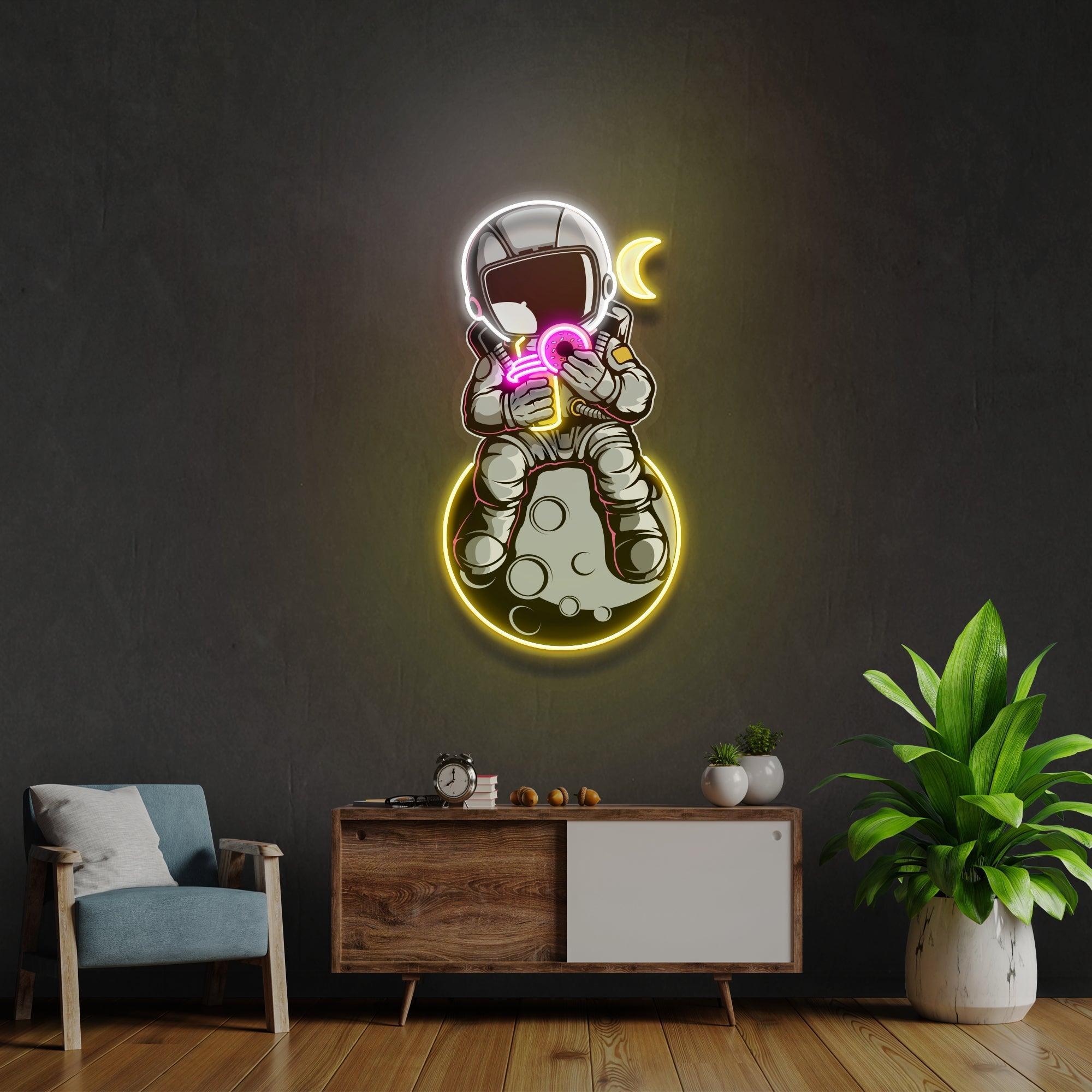 Astronaut With Donut And Coffee On Moon Artwork Led Neon Sign Light - Neonbir