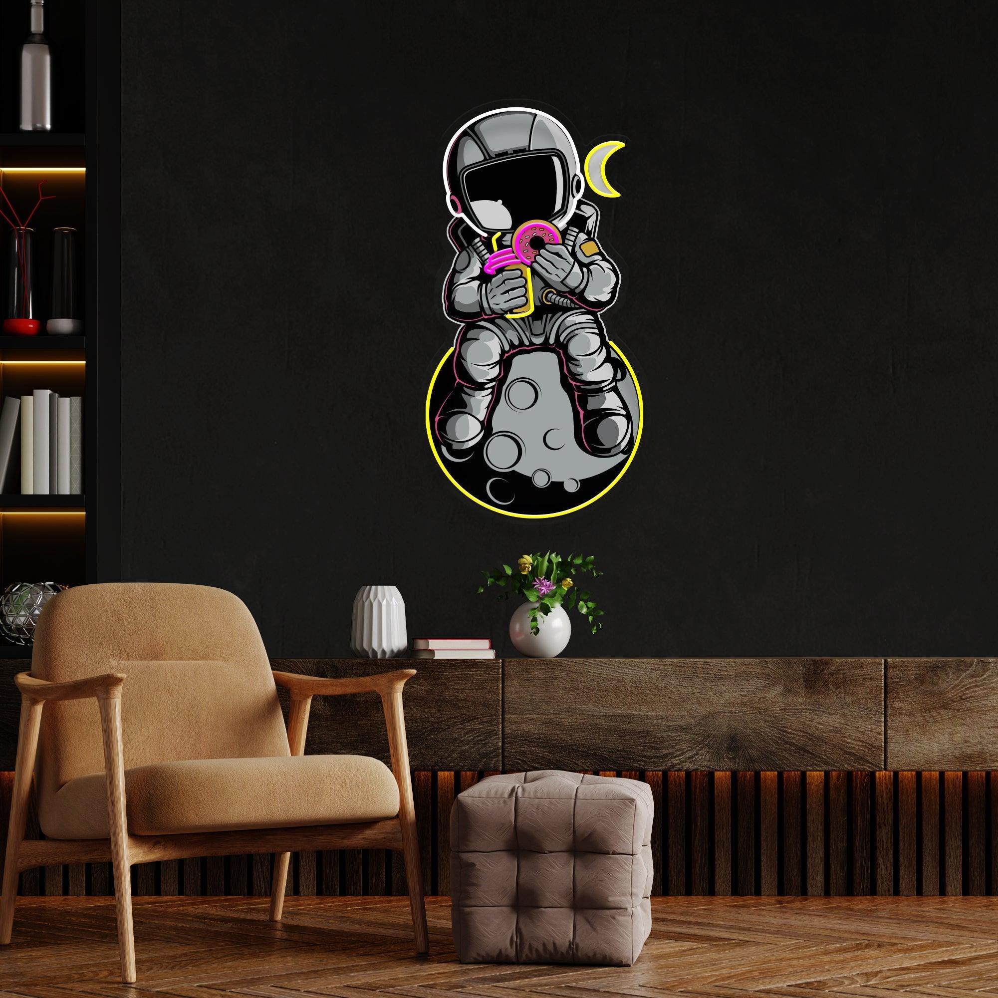 Astronaut With Donut And Coffee On Moon Artwork Led Neon Sign Light - Neonbir