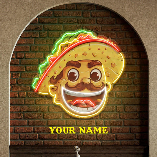 Custom Your Name Taco With A Big Smile And A Sombrero Artwork Led Neon Sign Light - Neonbir