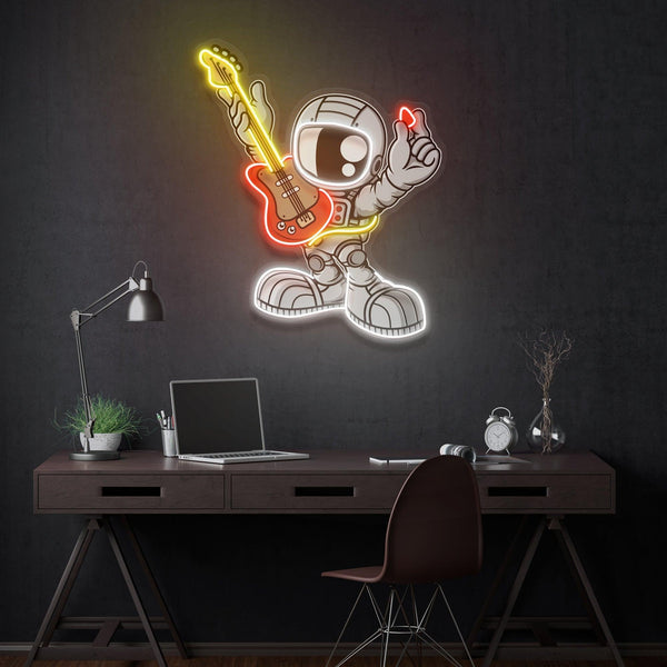 Gitar Çalan Astronot Baskılı - Neon Tabela