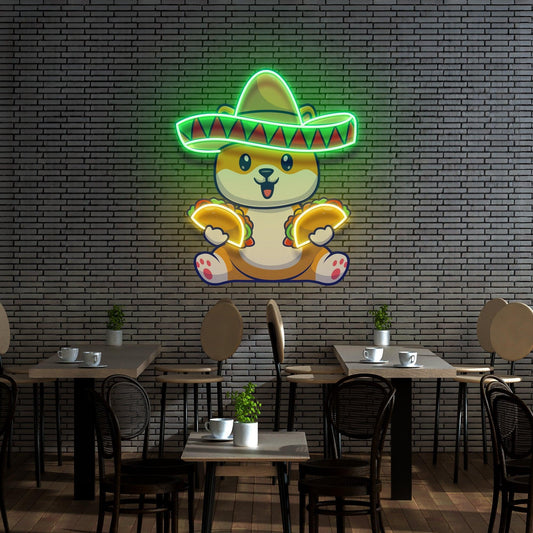 Cute Dog Eating Tacos With Sombreno Hat Artwork Led Neon Sign Light - Neonbir