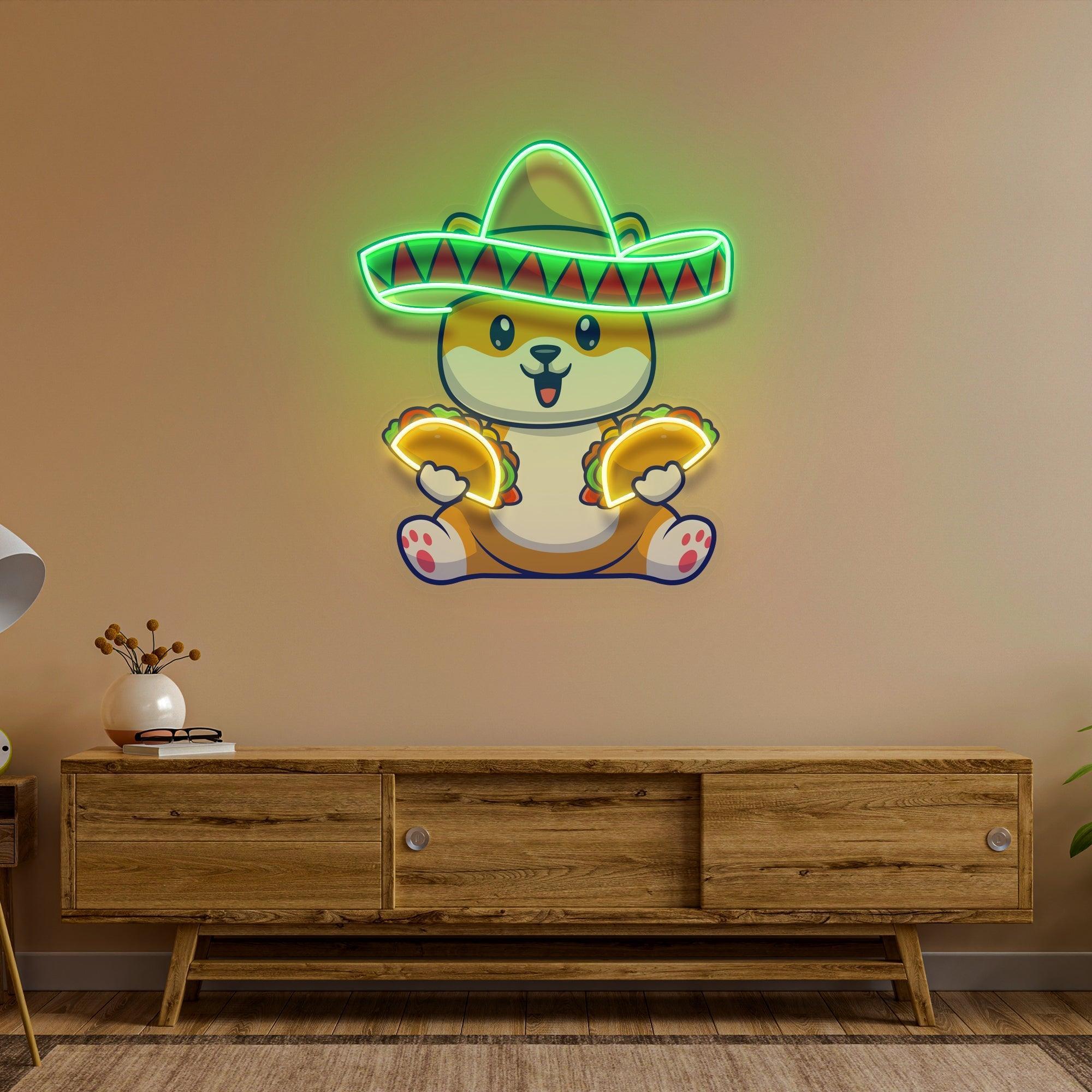 Cute Dog Eating Tacos With Sombreno Hat Artwork Led Neon Sign Light - Neonbir