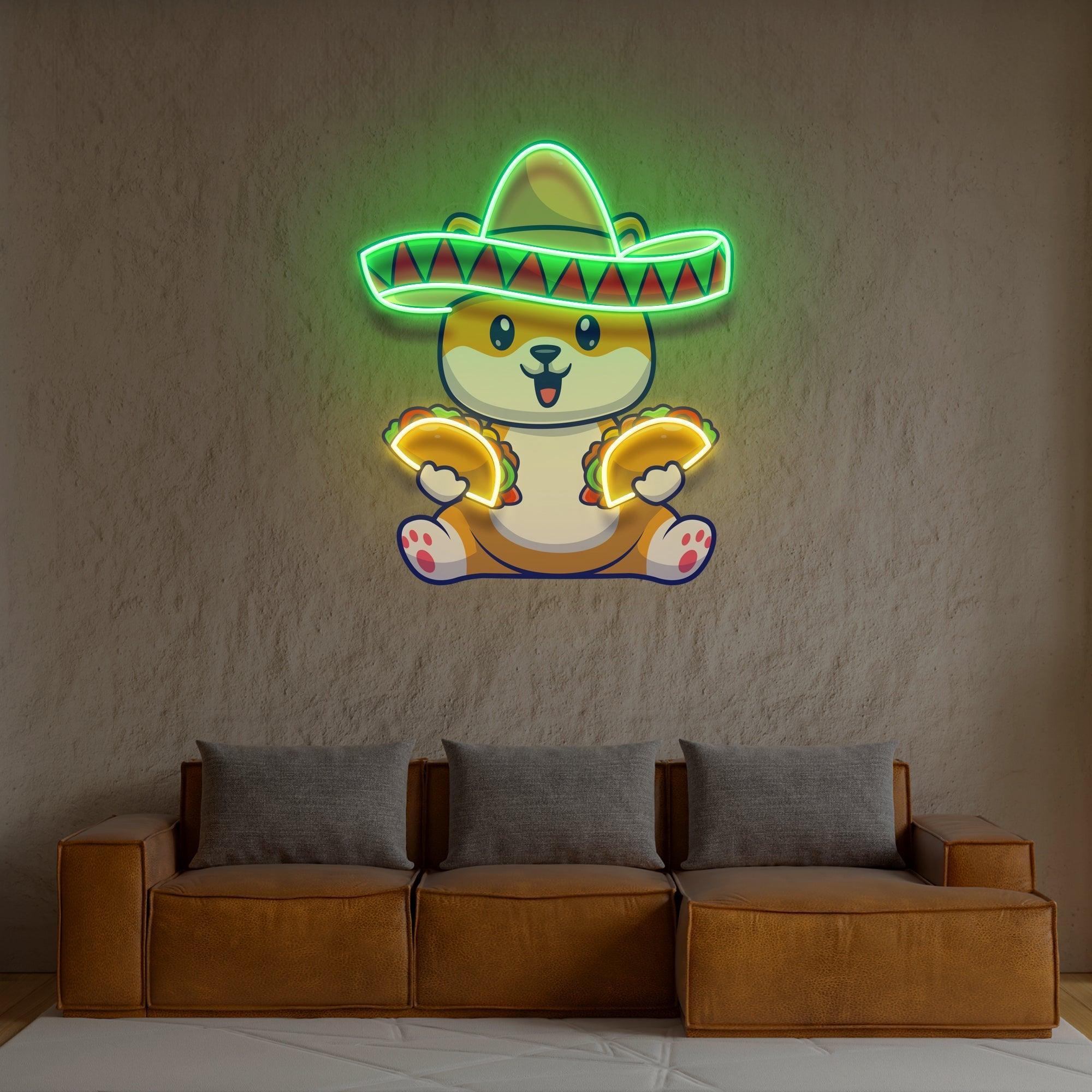 Cute Dog Eating Tacos With Sombreno Hat Artwork Led Neon Sign Light - Neonbir
