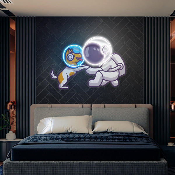 Köpek ve Astronot Baskılı - Neon Tabela