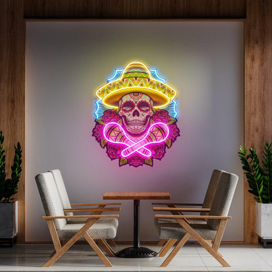 Mexican Dia De Los Muertos Skull Artwork Led Neon Sign Light - Neonbir