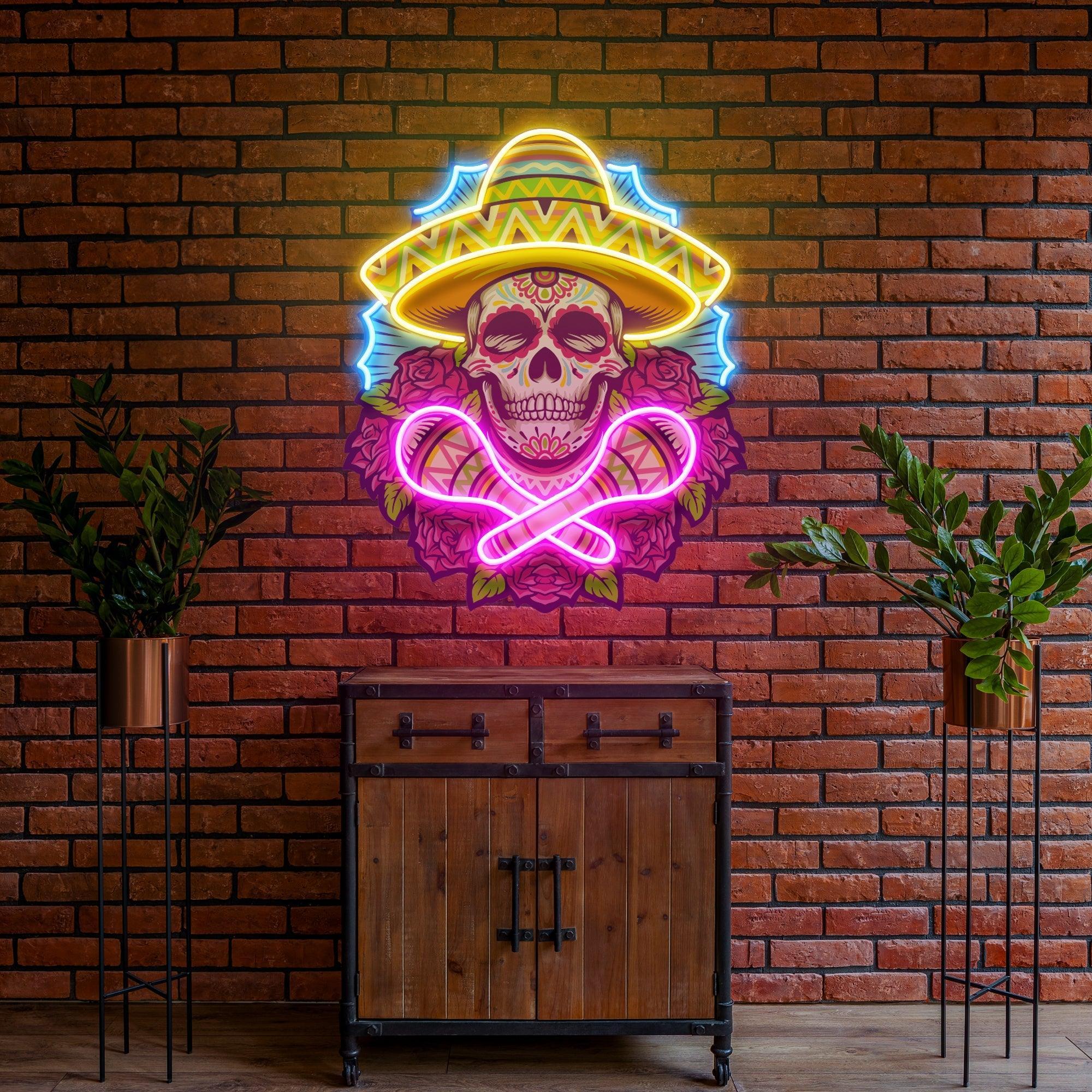 Mexican Dia De Los Muertos Skull Artwork Led Neon Sign Light - Neonbir