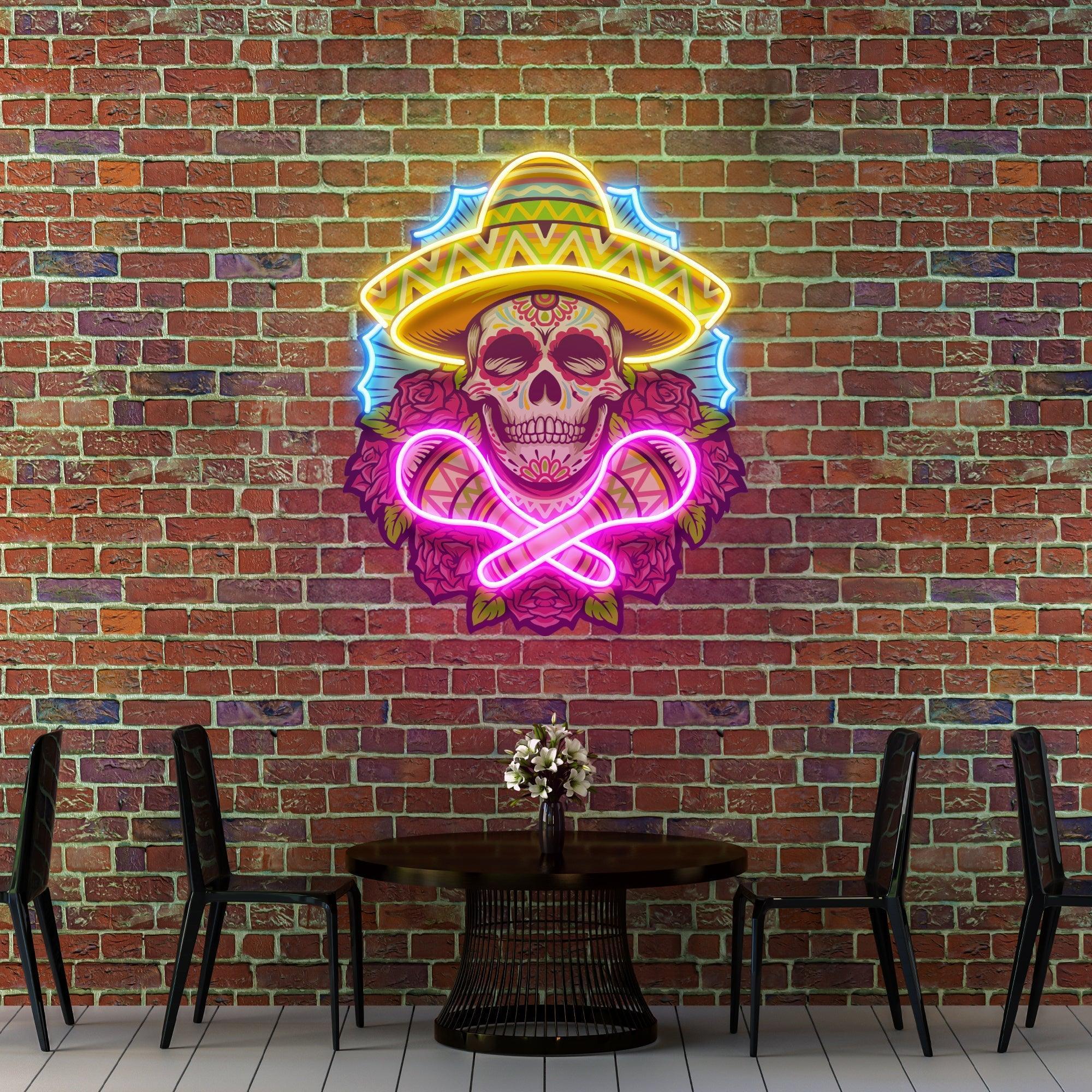 Mexican Dia De Los Muertos Skull Artwork Led Neon Sign Light - Neonbir