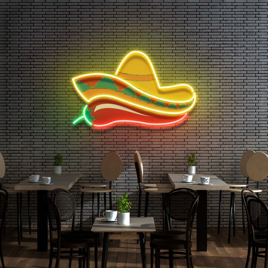 Mexican Sombrero Hat with Chili for Restaurant Artwork Led Neon Sign Light - Neonbir