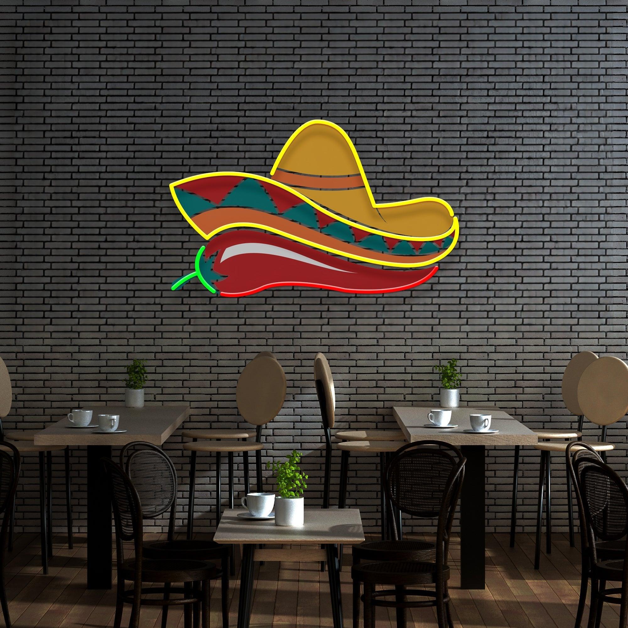 Mexican Sombrero Hat with Chili for Restaurant Artwork Led Neon Sign Light - Neonbir