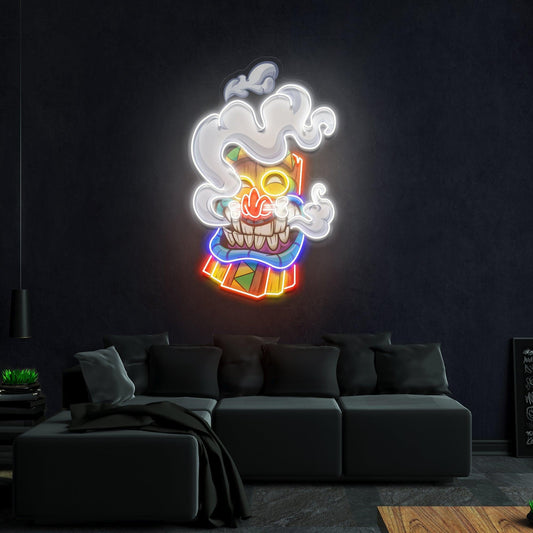 Cartoon Happy Smoking Tiki Mask Artwork Led Neon Sign Light - Neonbir